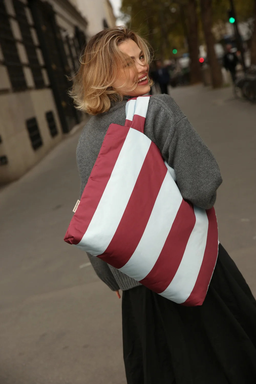 Bordeaux/Light Blue Bold Stripe Mom Bag