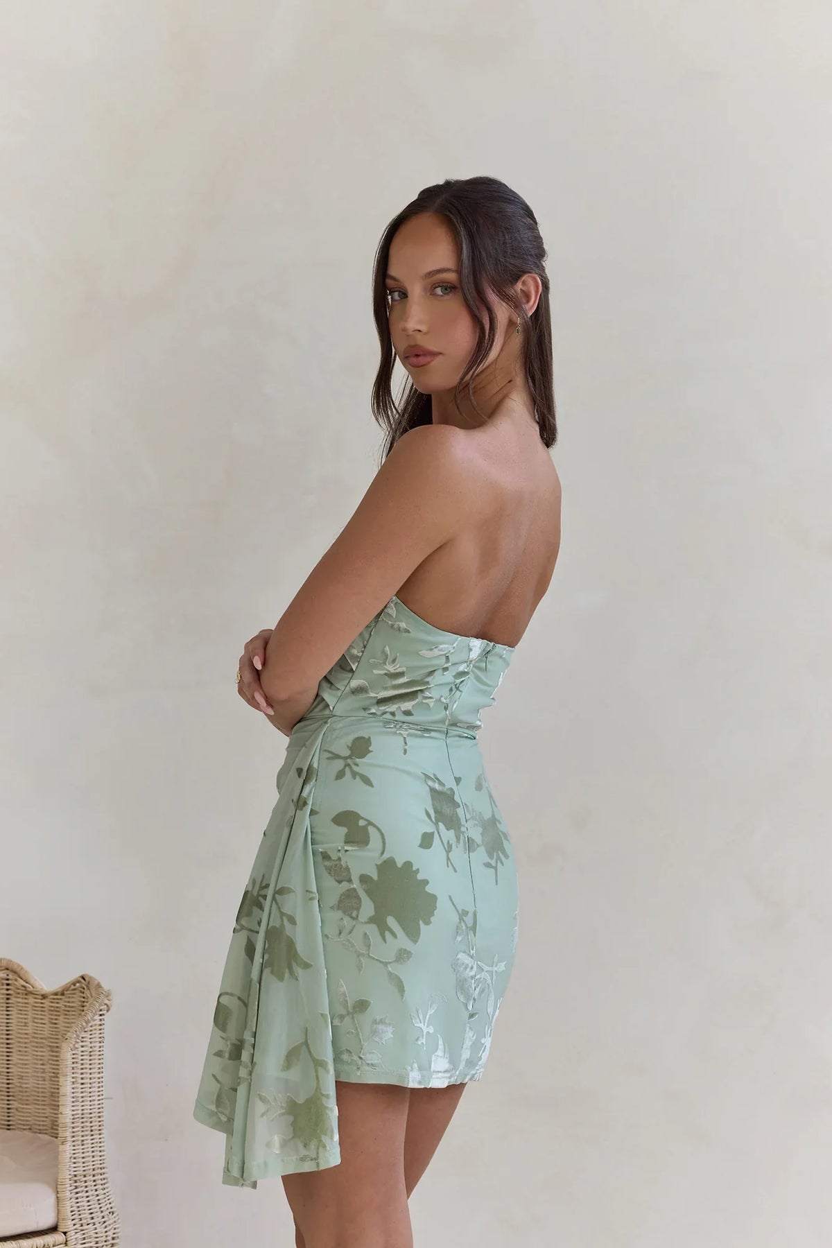 Lost In The Waves Strapless Mini Dress Sage