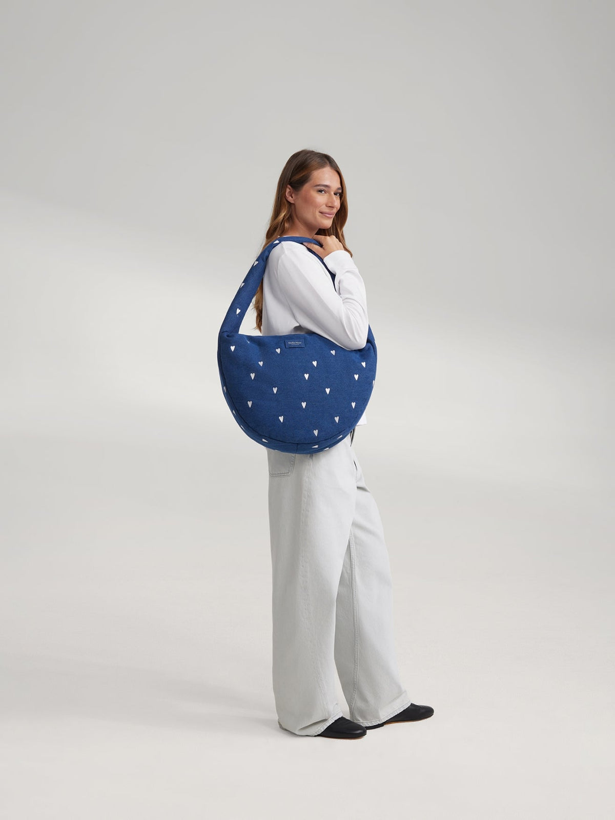 Denim Cross Body Bag | Dark Blue White Hearts