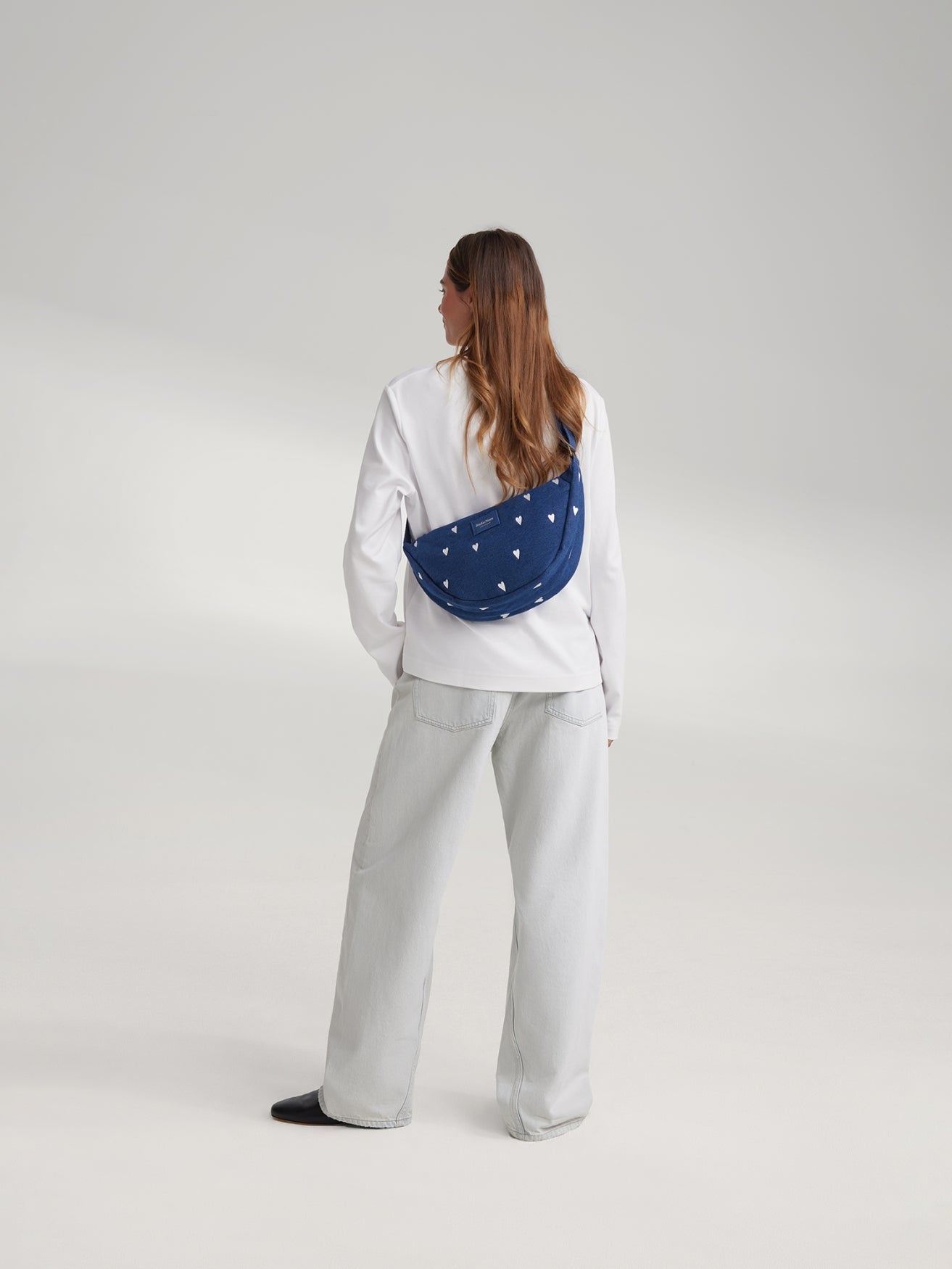 Denim Adult Fanny Pack | Dark Blue White Hearts