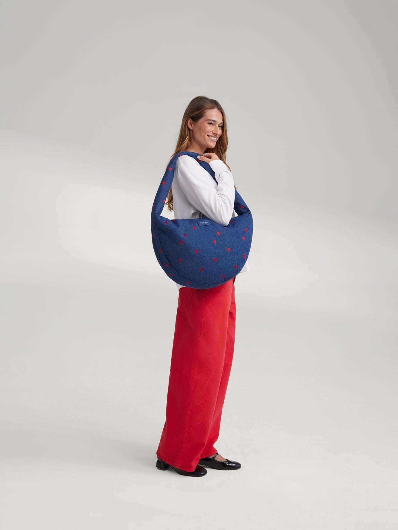 Denim Cross Body Bag | Dark Blue Red Hearts