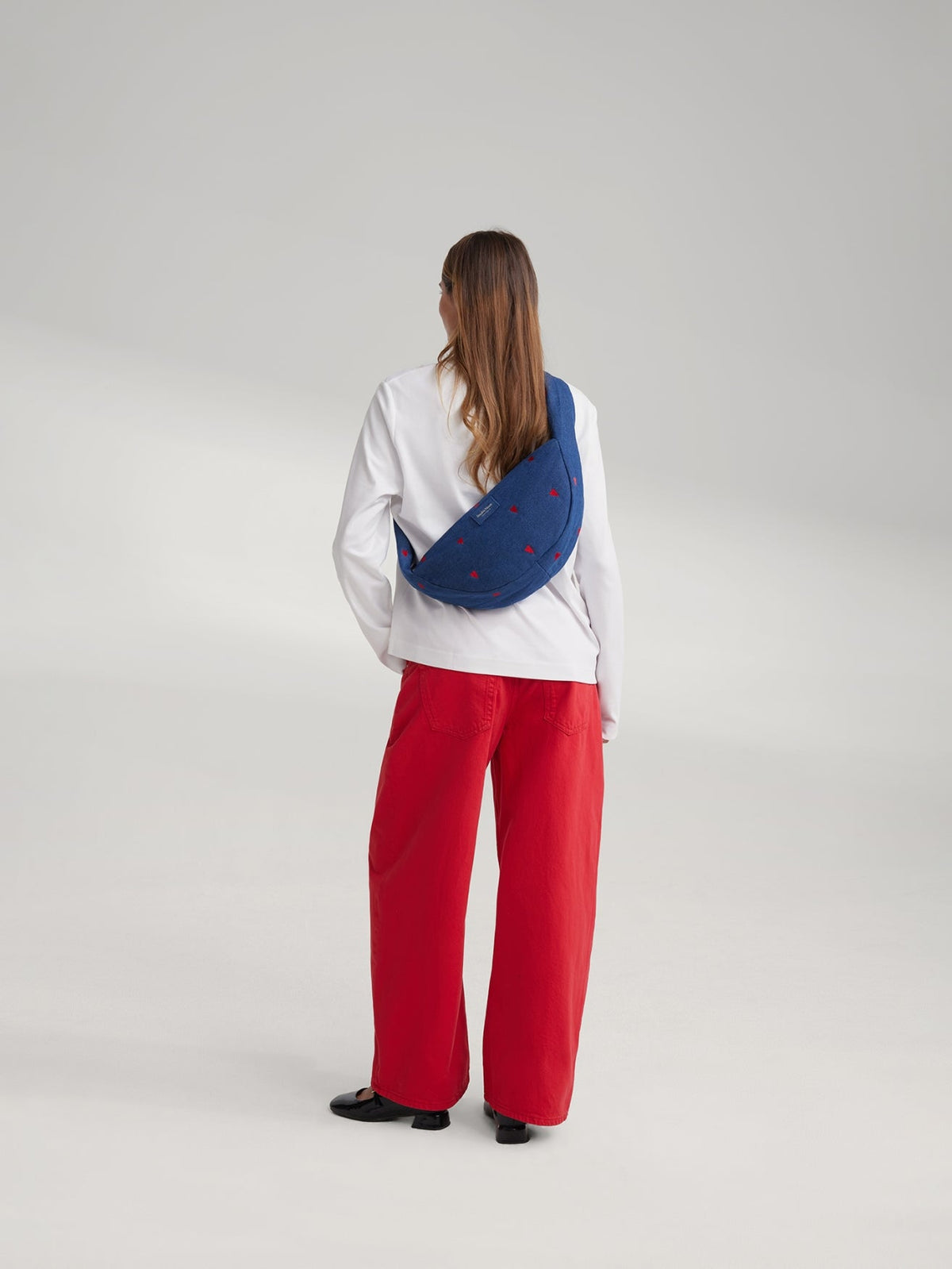 Denim Mini Cross Body Bag | Dark Blue Red Hearts