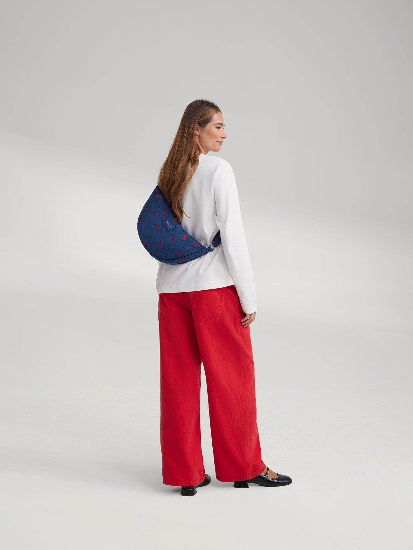 Denim Adult Fanny Pack | Dark Blue Red Hearts