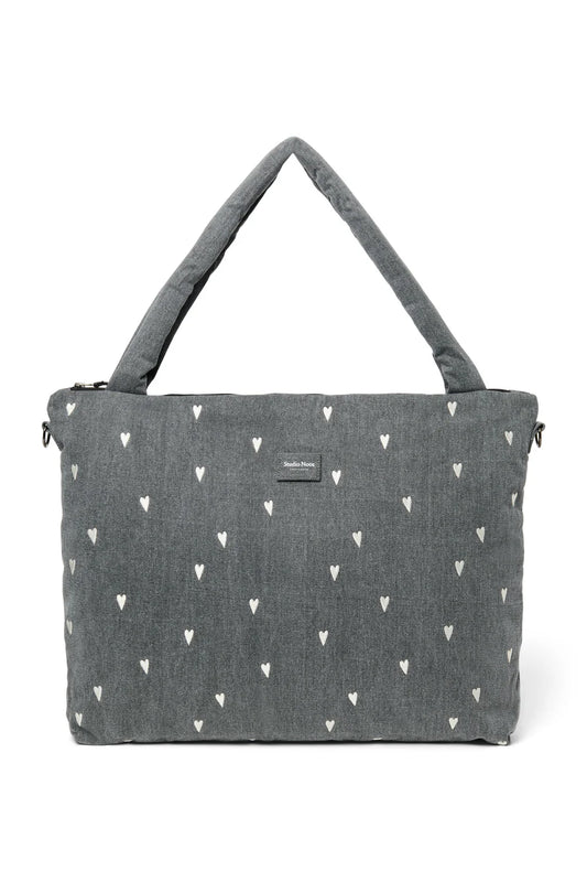 Grey Hearts Denim Diaper Bag
