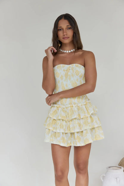 Sunshine Chic Trägerloses Minikleid Gelb