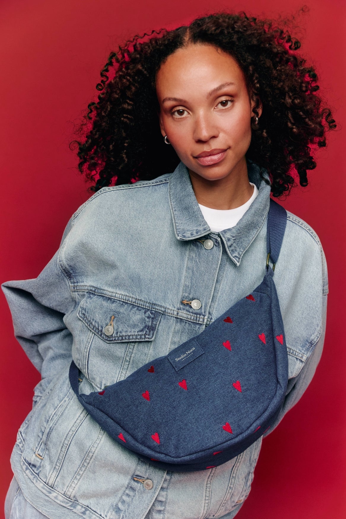 Denim Adult Fanny Pack | Dark Blue Red Hearts