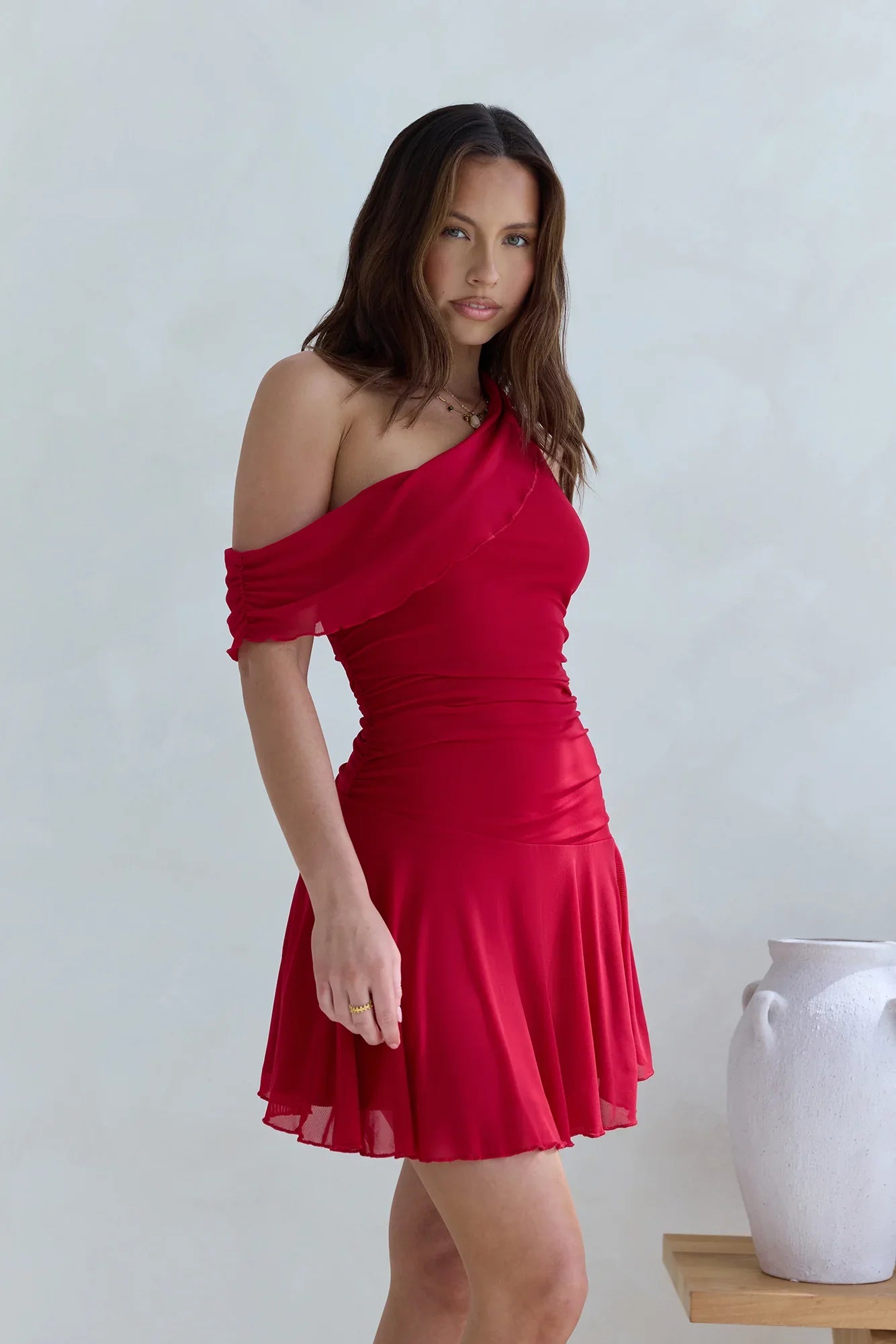 Versprechen an dich One-Shoulder-Mini-Mesh-Kleid Rot
