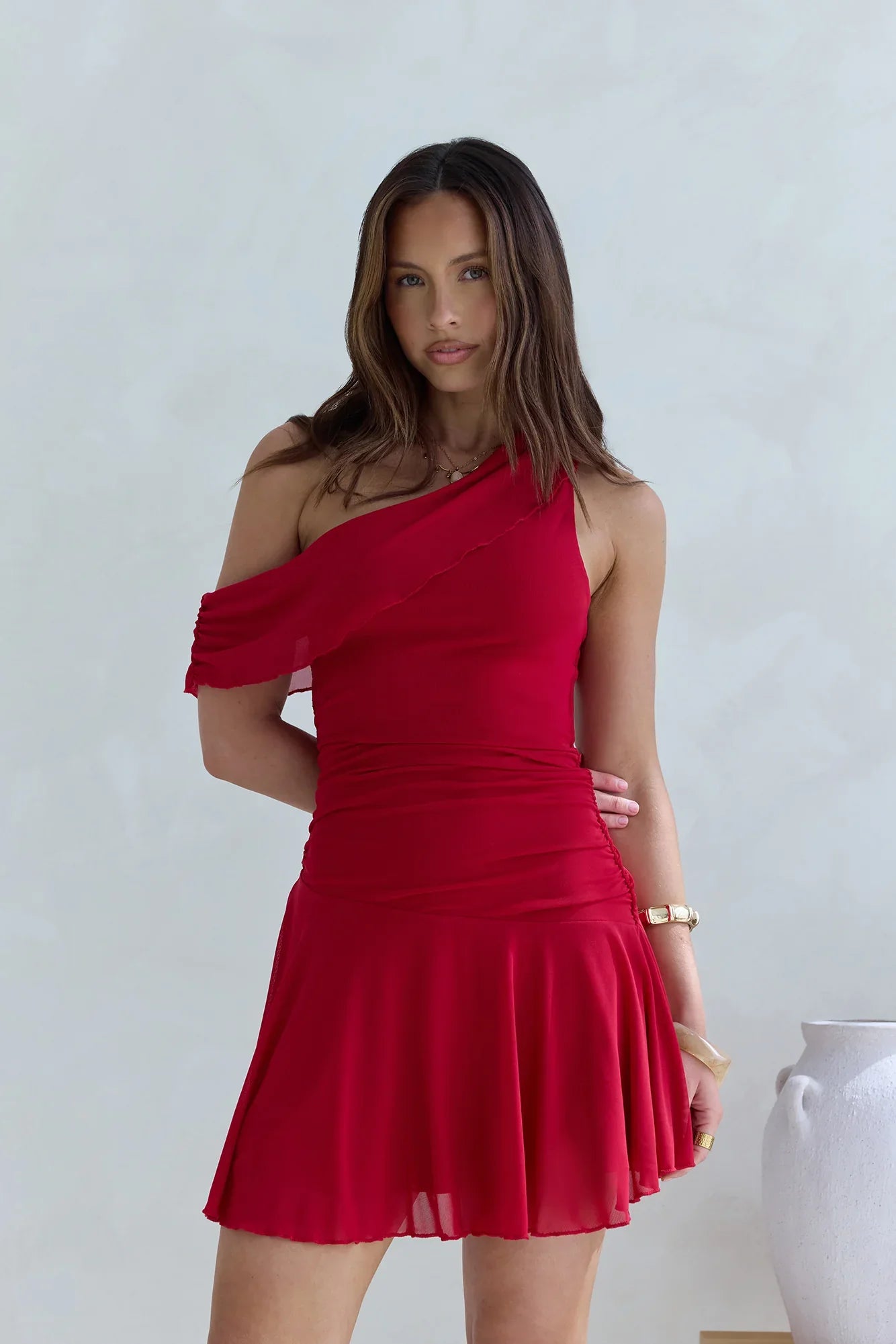 Versprechen an dich One-Shoulder-Mini-Mesh-Kleid Rot