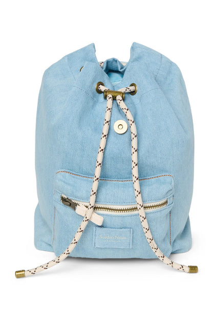 Blue Denim Solid Midi Backpack Drawstring
