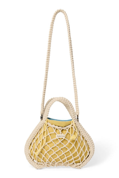 Blue-Yellow Reversible Insert | Natural Macramé Mini Handbag with