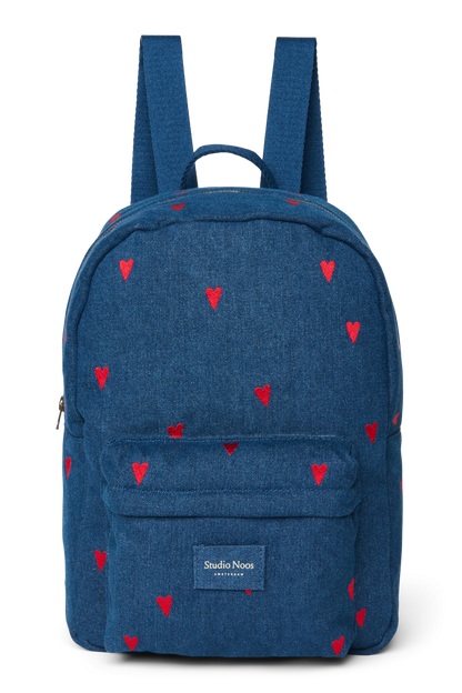 Denim Midi Backpack | Dark Blue Red Hearts