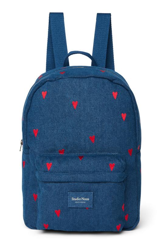 Denim Midi Backpack | Dark Blue Red Hearts