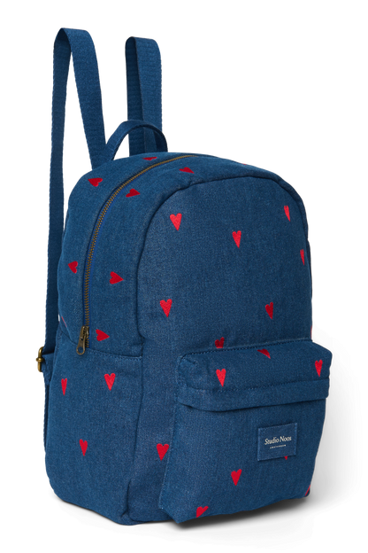 Denim Midi Backpack | Dark Blue Red Hearts
