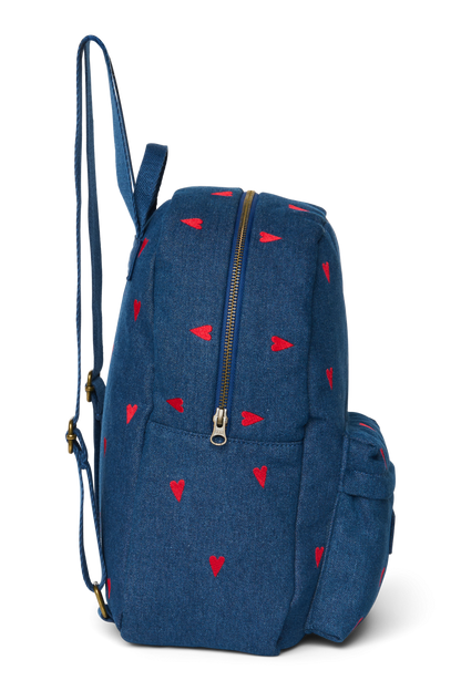 Denim Midi Backpack | Dark Blue Red Hearts