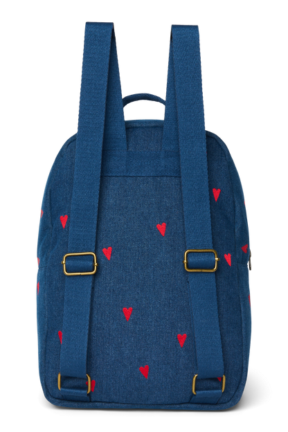 Denim Midi Backpack | Dark Blue Red Hearts