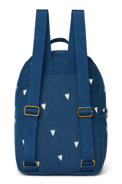 Denim Midi Backpack | Dark Blue White Hearts