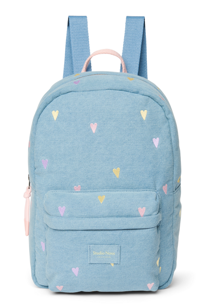 Denim Midi Backpack | Light Blue Hearts