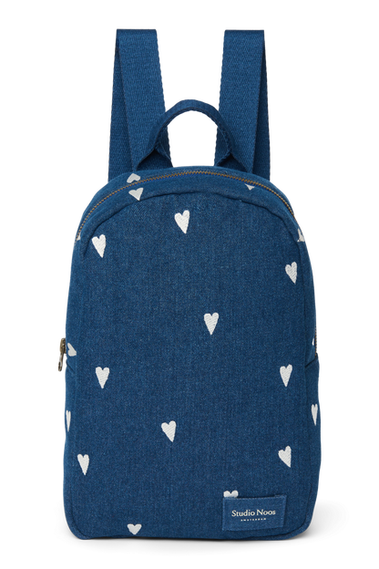 Denim Mini Backpack | Dark Blue White Hearts