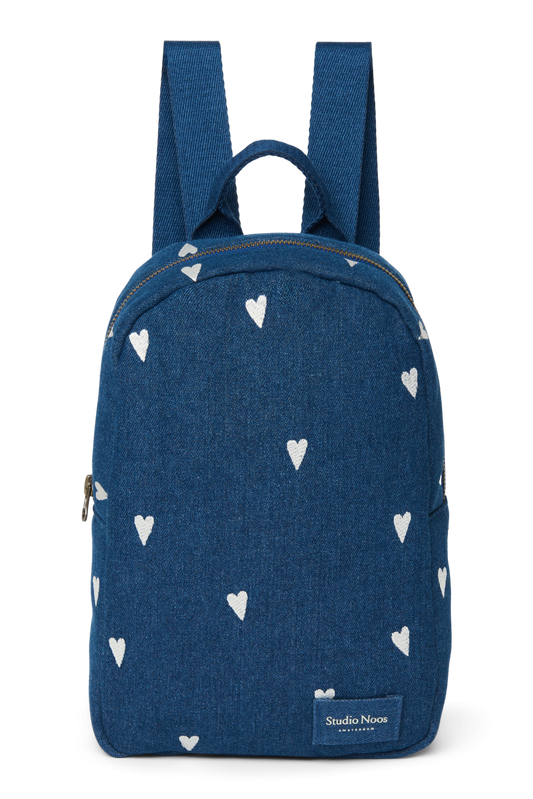Denim Mini Backpack | Dark Blue White Hearts