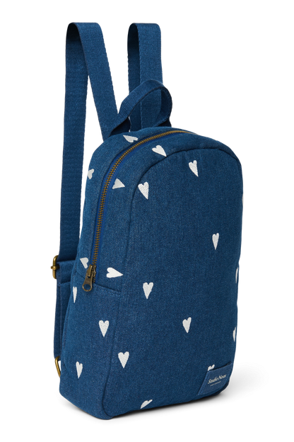 Denim Mini Backpack | Dark Blue White Hearts