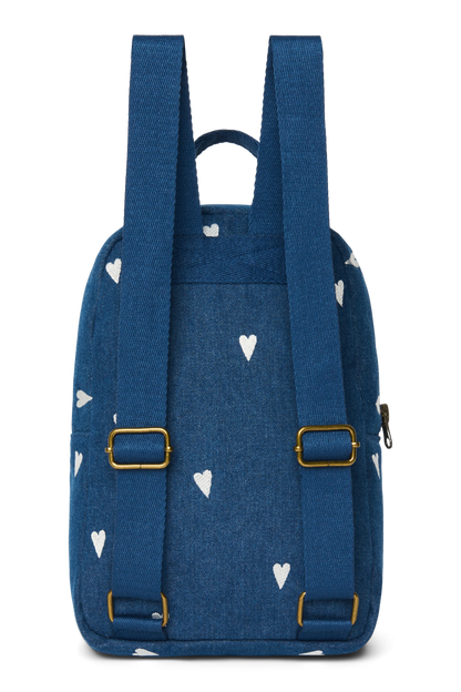 Denim Mini Backpack | Dark Blue White Hearts