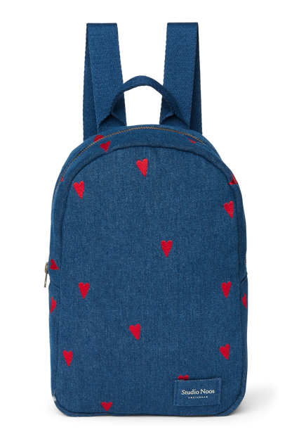Denim Mini Backpack | Dark Blue Red Hearts