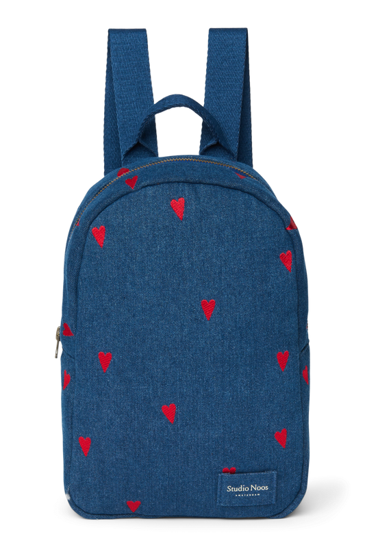 Denim Mini Backpack | Dark Blue Red Hearts