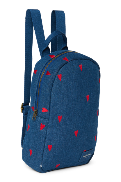 Denim Mini Backpack | Dark Blue Red Hearts