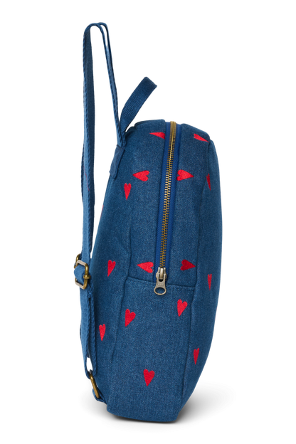 Denim Mini Backpack | Dark Blue Red Hearts
