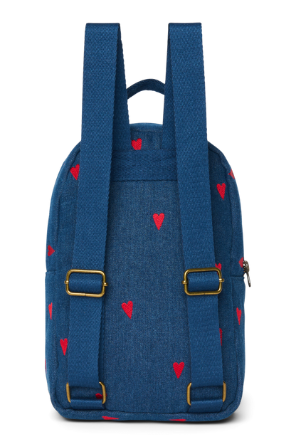 Denim Mini Backpack | Dark Blue Red Hearts