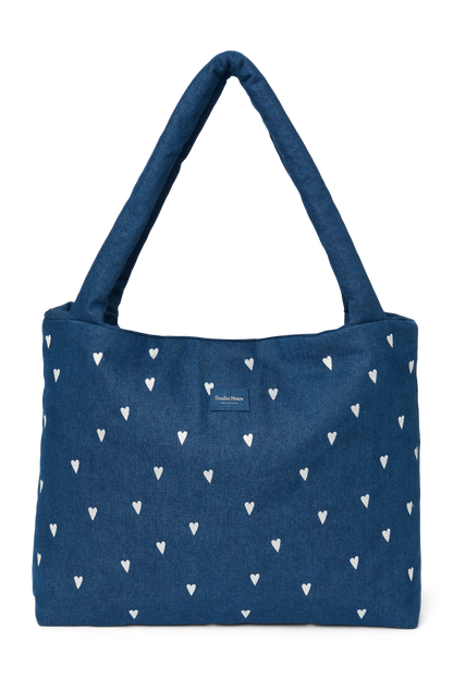 Denim Mom Bag | Dark Blue White Hearts