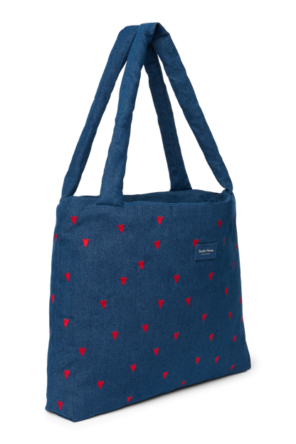 Denim Mom Bag | Dark Blue Red Hearts