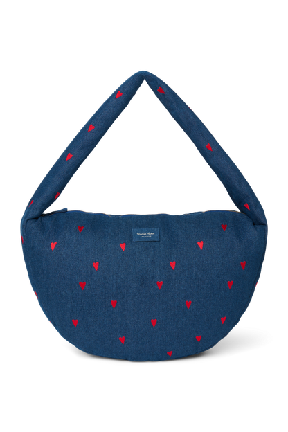 Denim Cross Body Bag | Dark Blue Red Hearts