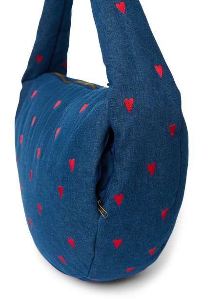 Denim Cross Body Bag | Dark Blue Red Hearts