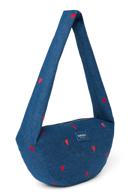 Denim Mini Cross Body Bag | Dark Blue Red Hearts