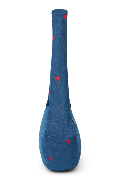 Denim Mini Cross Body Bag | Dark Blue Red Hearts
