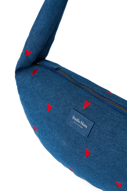 Denim Mini Cross Body Bag | Dark Blue Red Hearts