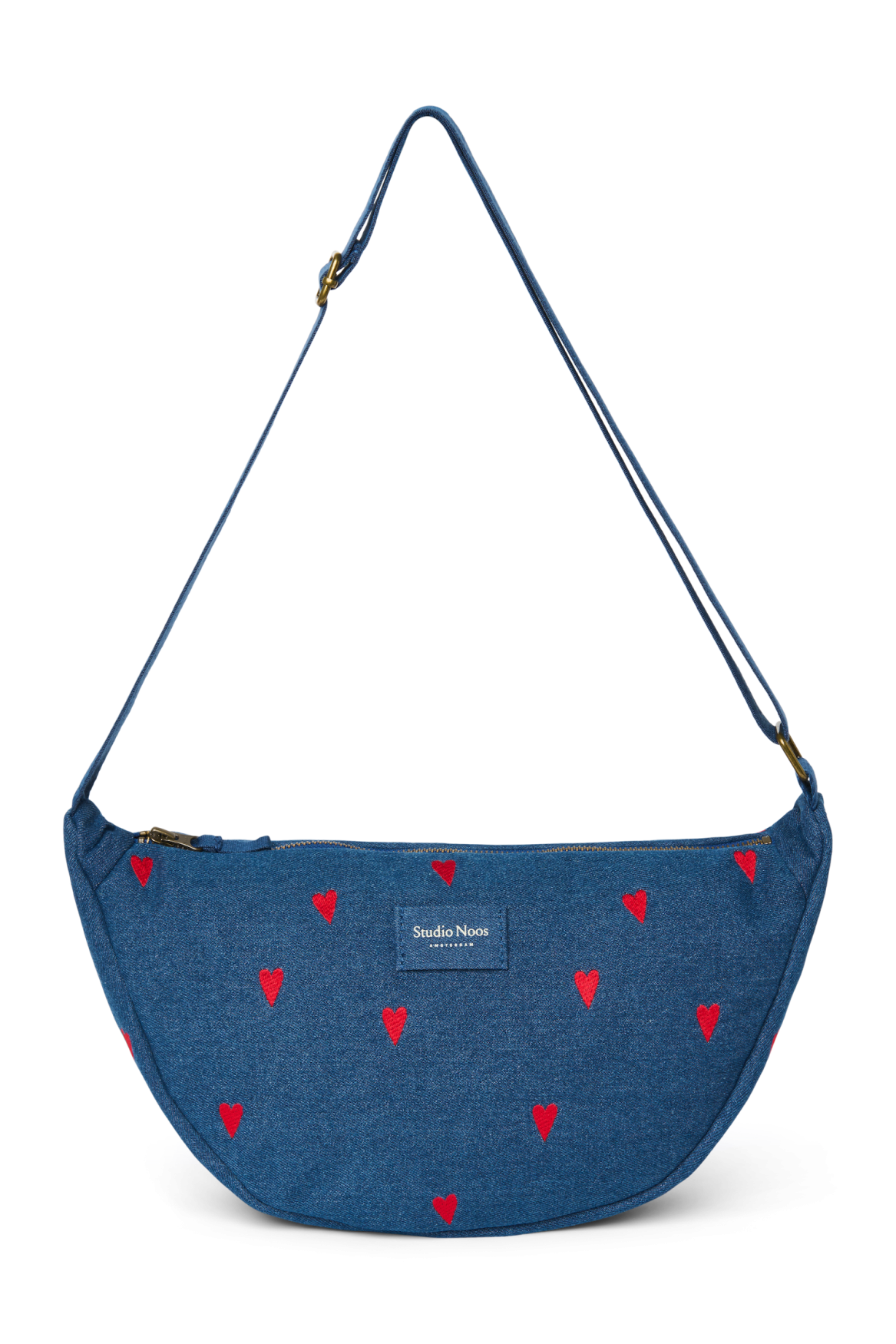 Denim Adult Fanny Pack | Dark Blue Red Hearts