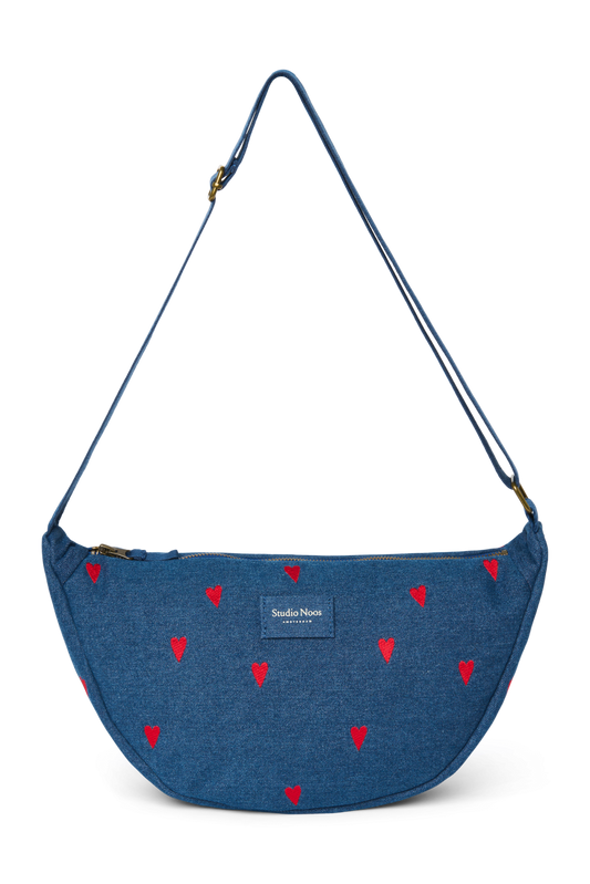 Denim Adult Fanny Pack | Dark Blue Red Hearts