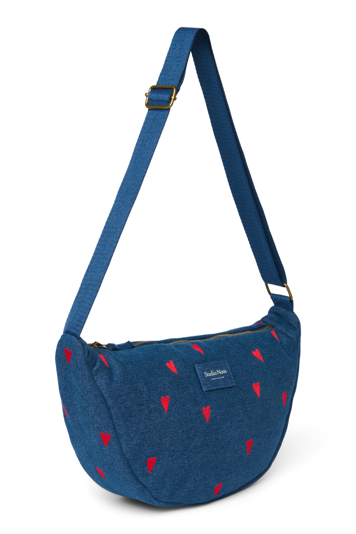 Denim Adult Fanny Pack | Dark Blue Red Hearts