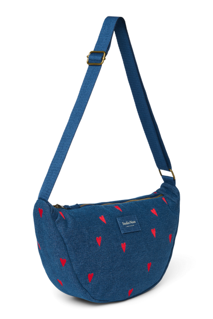 Denim Adult Fanny Pack | Dark Blue Red Hearts