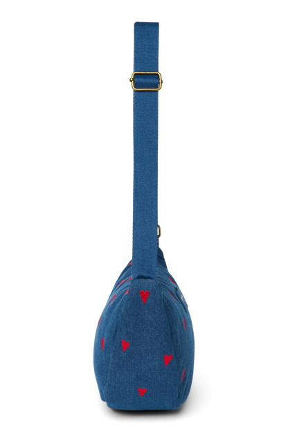Denim Adult Fanny Pack | Dark Blue Red Hearts