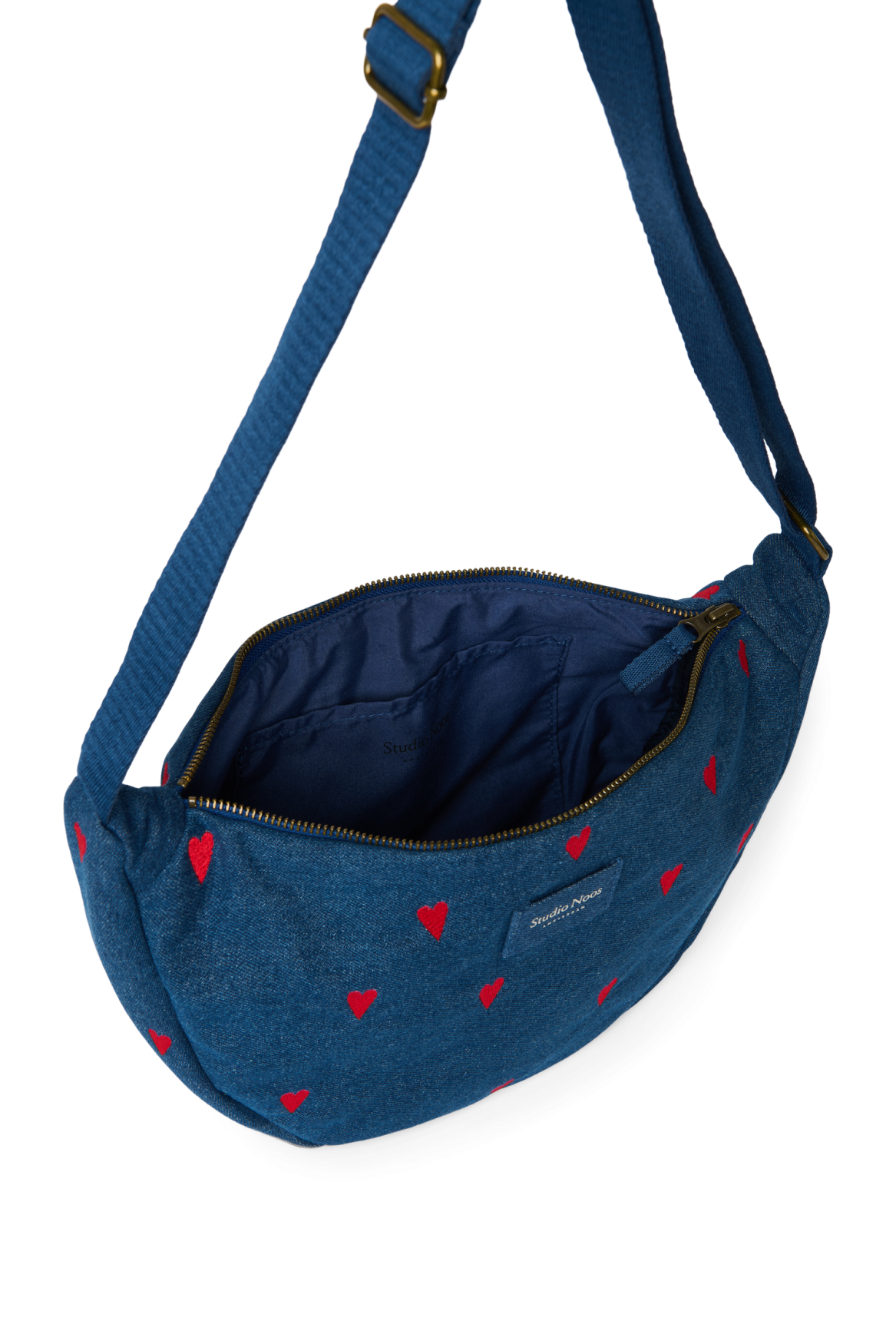 Denim Adult Fanny Pack | Dark Blue Red Hearts