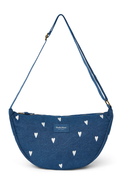 Denim Adult Fanny Pack | Dark Blue White Hearts
