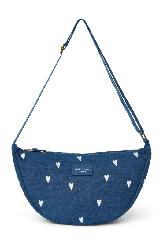 Denim Adult Fanny Pack | Dark Blue White Hearts