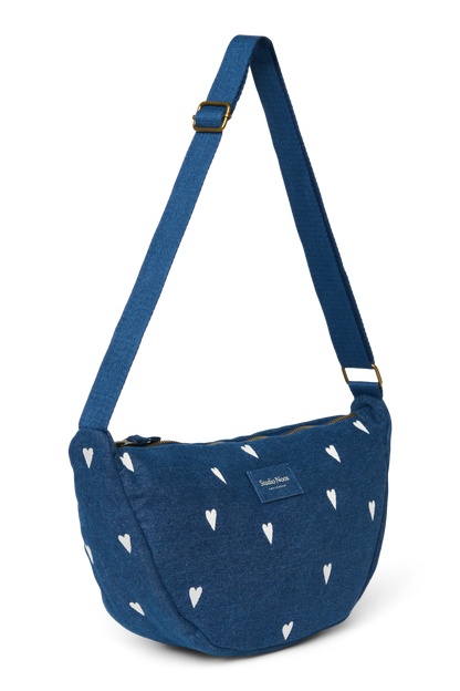 Denim Adult Fanny Pack | Dark Blue White Hearts