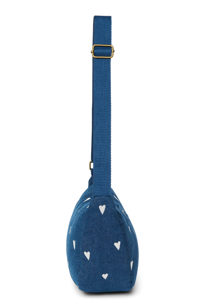 Denim Adult Fanny Pack | Dark Blue White Hearts