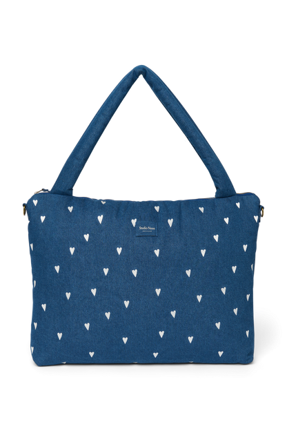 Denim Diaper Bag | Dark Blue White Hearts