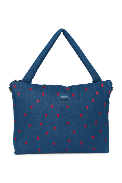 Denim Diaper Bag | Dark Blue Red Hearts