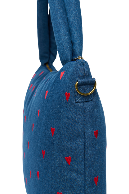 Denim Diaper Bag | Dark Blue Red Hearts